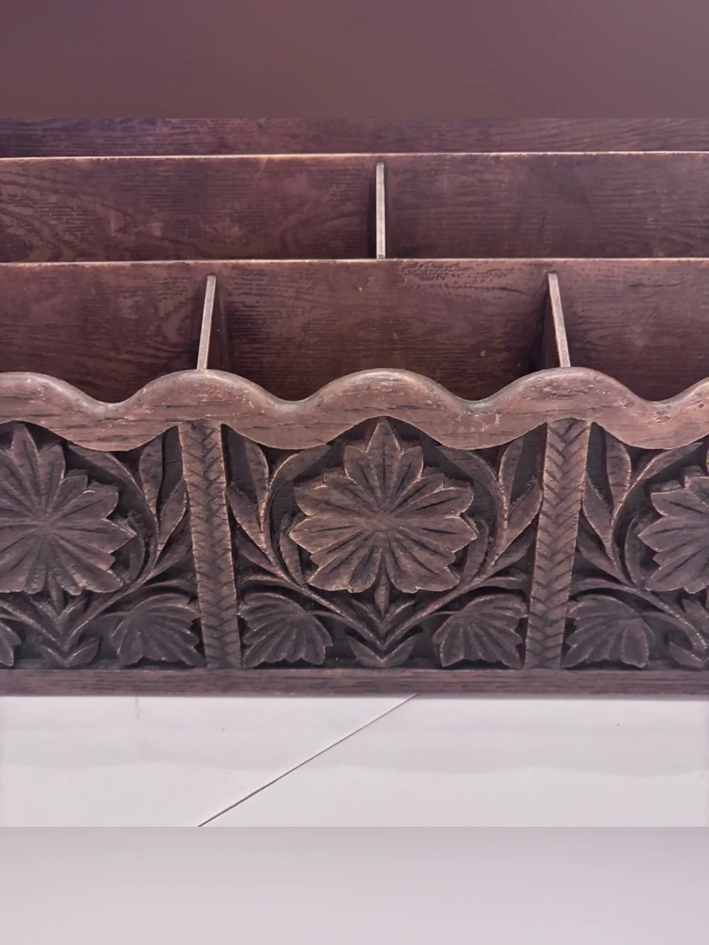 Hand-Carved Wooden Multi-Compartment Organizer - Dark Brown